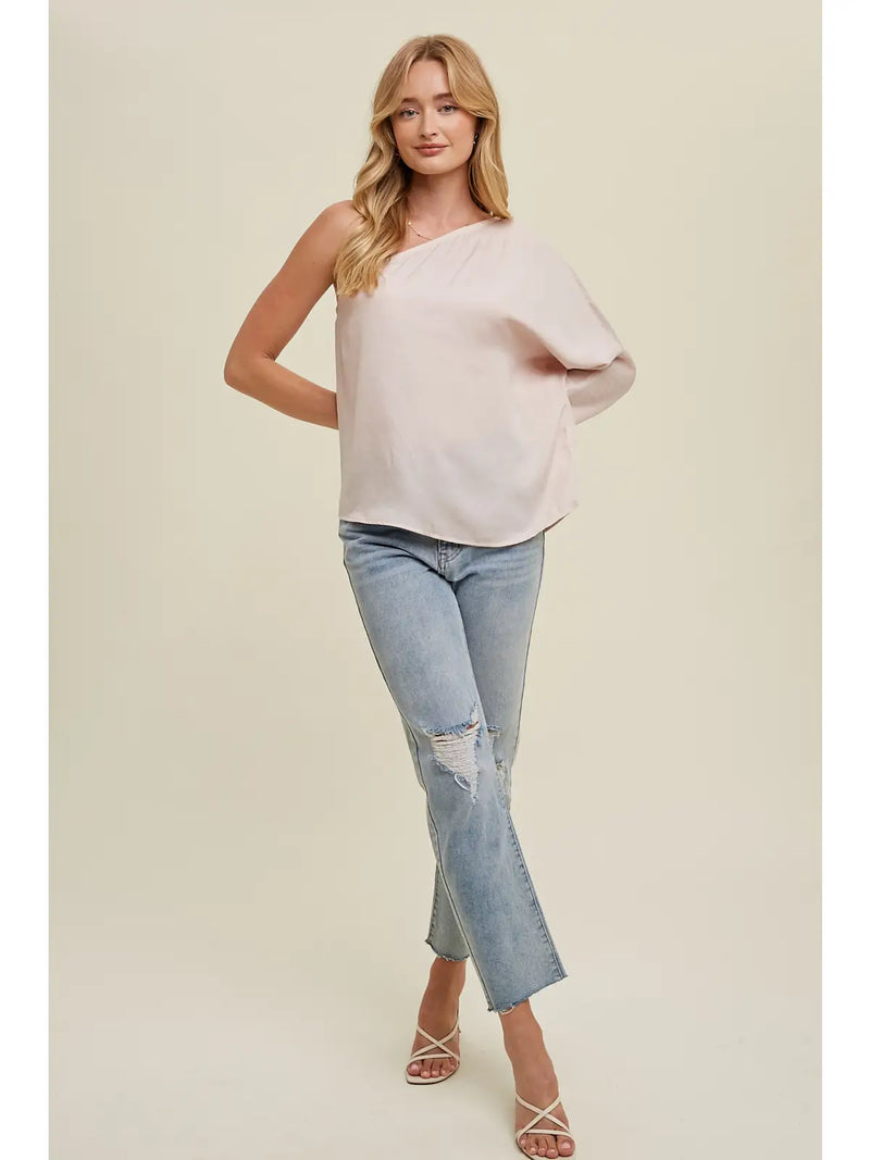 Brooke Satin One Shoulder Top in Champagne