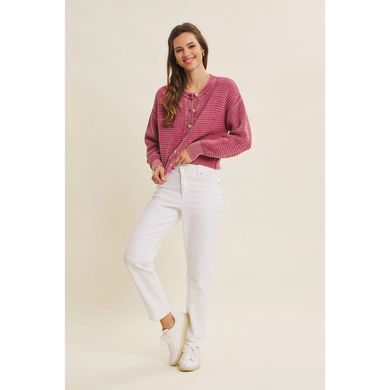 Andrea Mineral Washed Cotton Cable Knit Sweater Cardigan in Fuchsia
