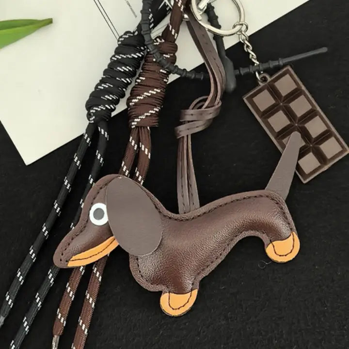 Chocolate Dachshund Bag Charm With Braided Accessory