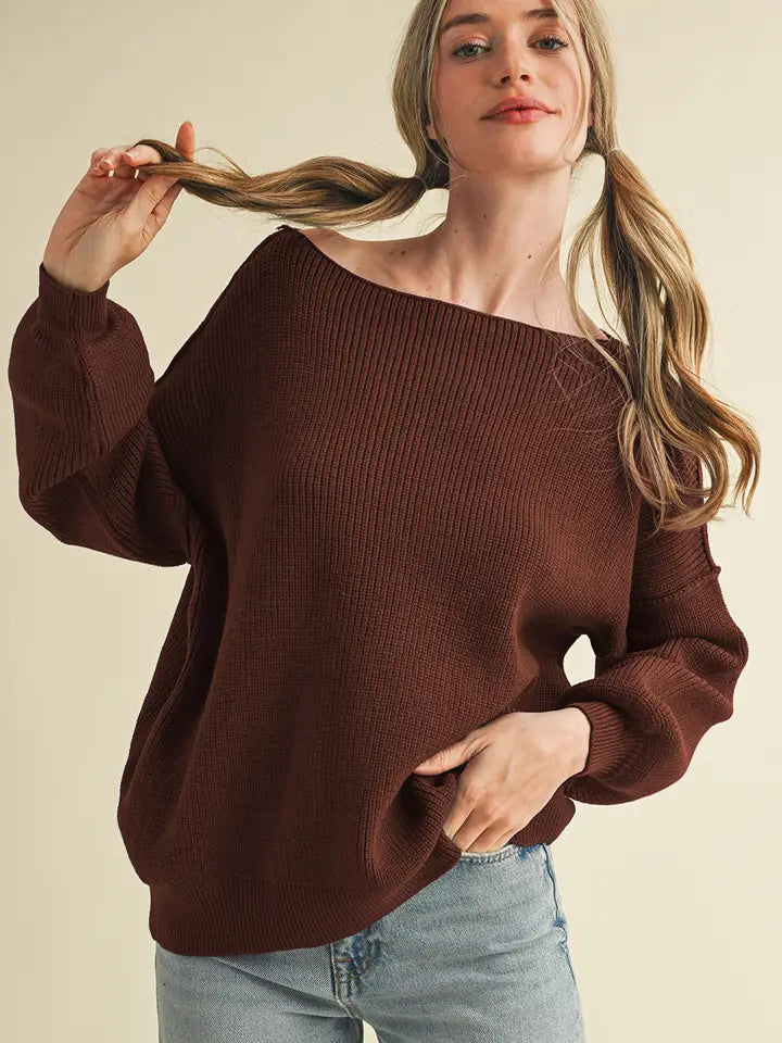 Tara Boat Neck Bubble Sleeve Sweater in Hot Chocolate