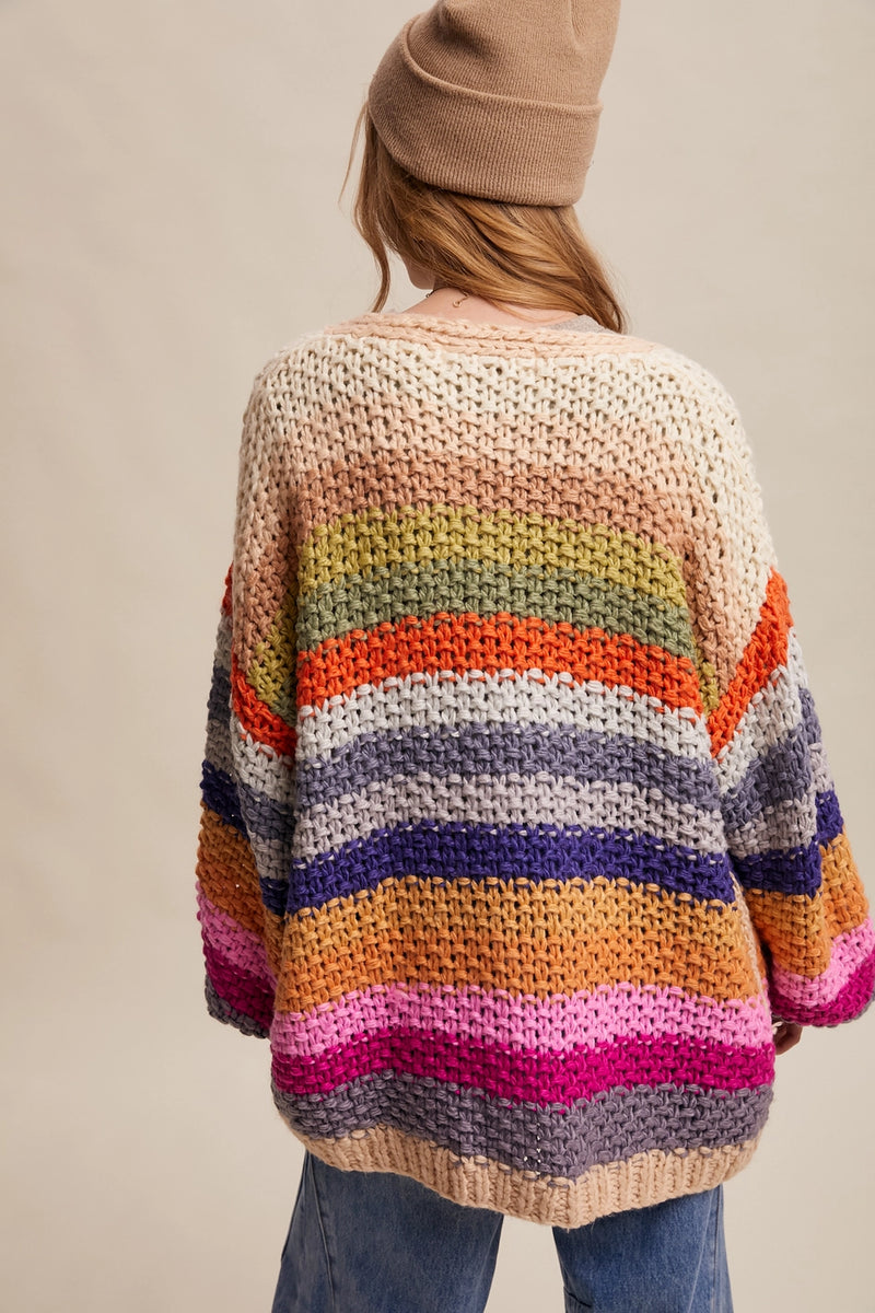 Evelyn Rainbow Crochet Open Cardigan in Cream Multi