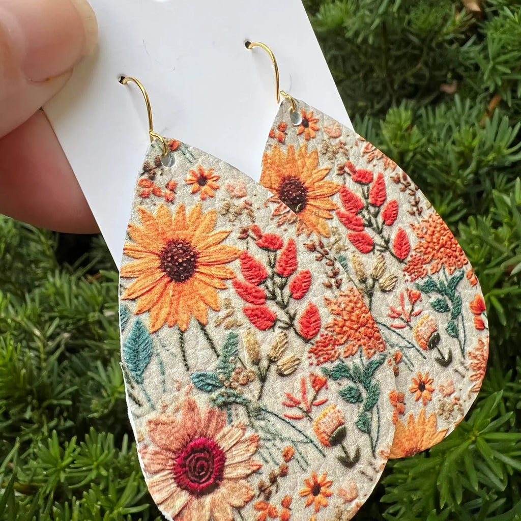 Embroidered Sunflower Floral Leather Teardrop Earrings