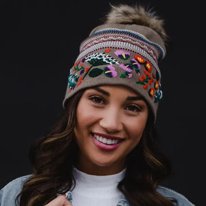 Luxe Tan Embroidered Cuff Pom Hat