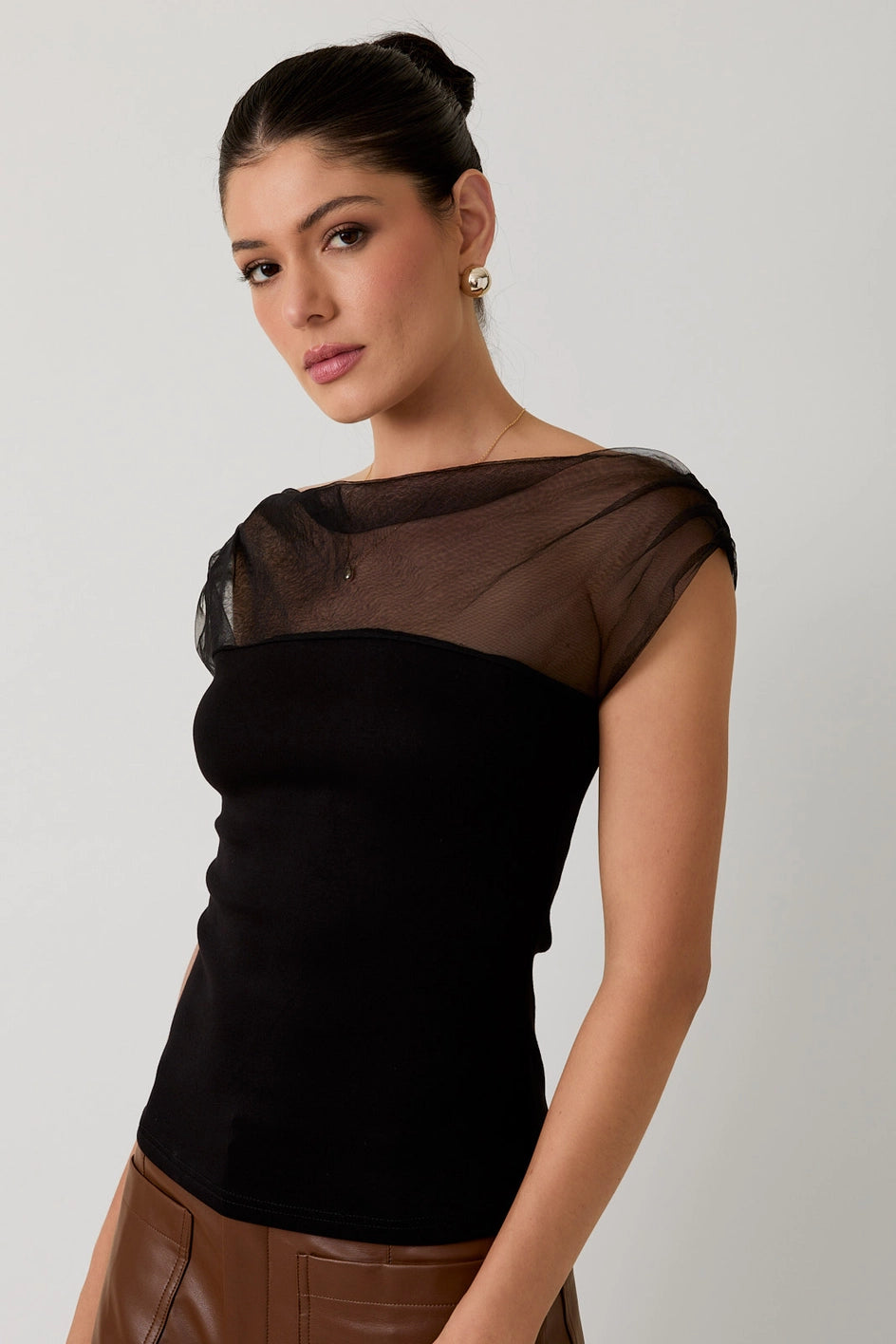 Harley Mesh & Ponti Mix Drape Top in Black