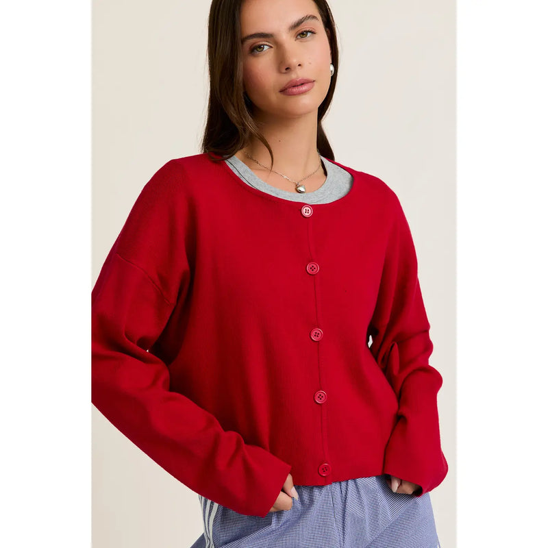 Melissa Round Neck Button Cardigan in Red