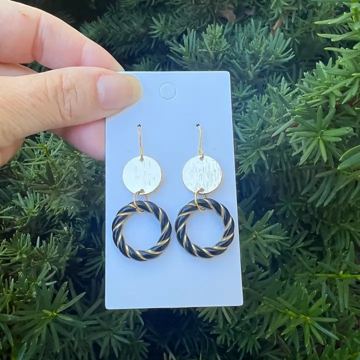 Black Gold Twist Acrylic Double Disc Earrings