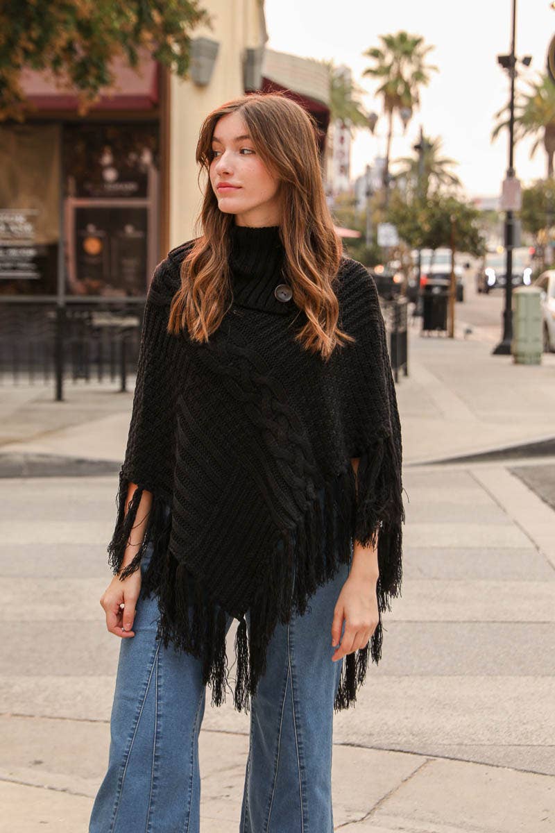 Turtleneck Cable Knit Poncho With Tassels: Black