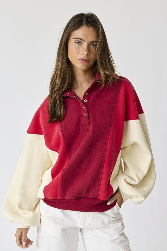 Emma Oversized Washed Colorblock Sweatshirt in Red