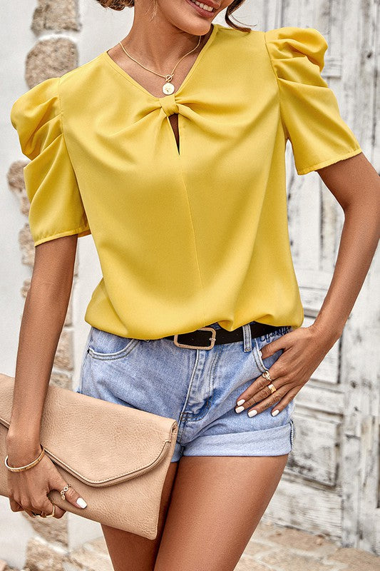 Rebecca Solid V Neck Ruffle Puff Sleeve Top in Yellow