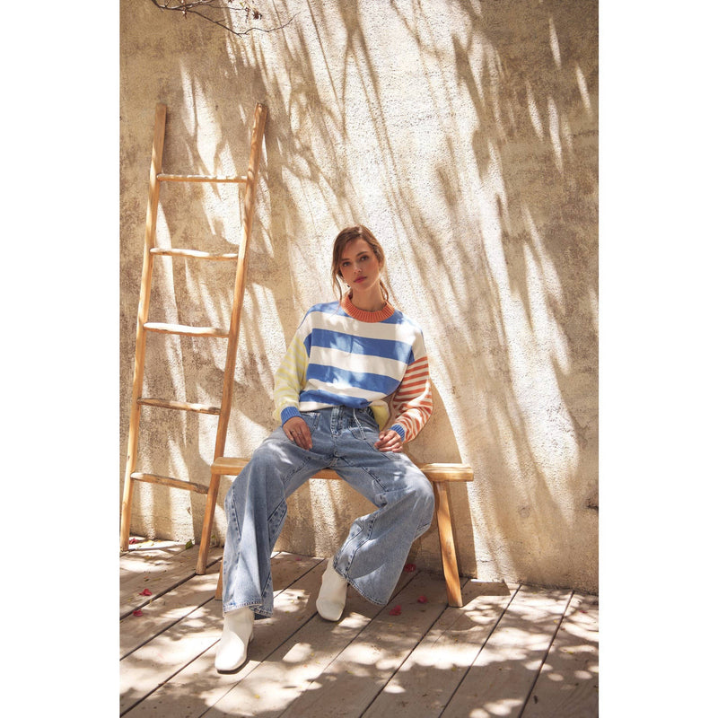 Joyful Color Blocked Striped Cotton Sweatshirt