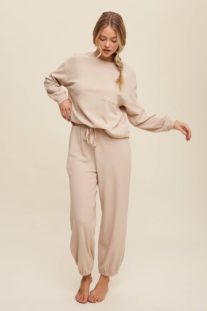 Waffle Knit Long Sleeve Lounge Set