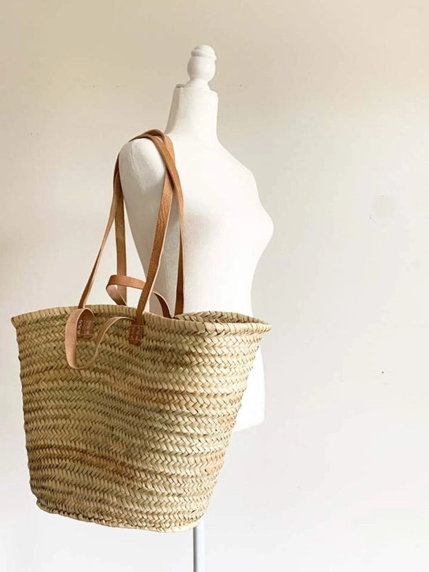 Handmade French Market Straw Bag With Leather Handles