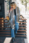 Light Multicolor Plaid Colorblock Poncho with Fringe Trim