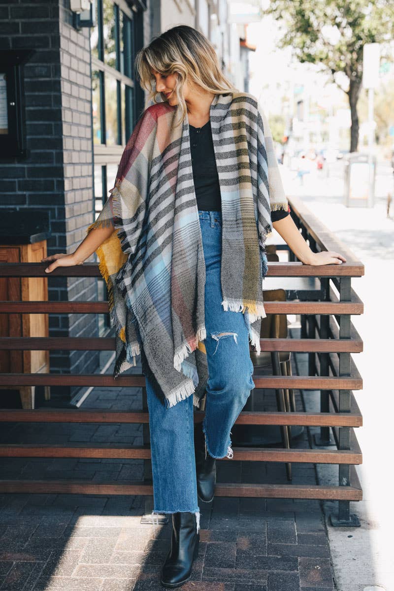 Light Multicolor Plaid Colorblock Poncho with Fringe Trim