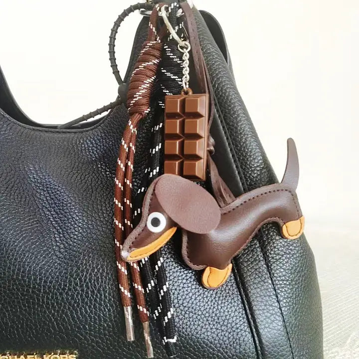 Chocolate Dachshund Bag Charm With Braided Accessory