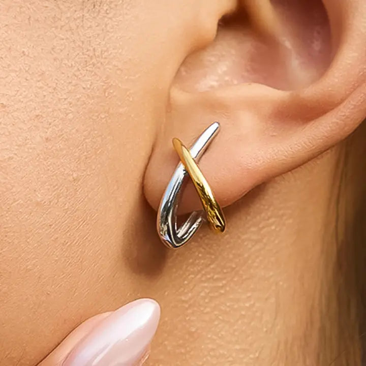 Staven 18K Gold Non-Tarnish Two Tone Crossover Earrings