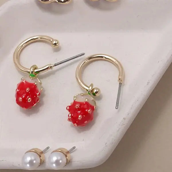 Strawberry Cherry Fruit Trio Earrings in Gold
