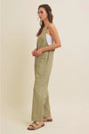 Relaxed Fit Cotton Twill Overalls With Pockets in Sage