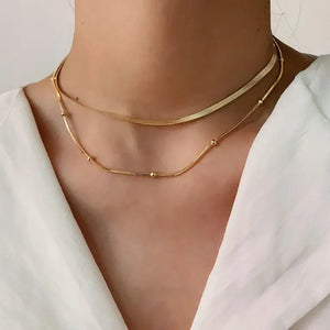 Layered Herringbone and Ball Snake Chain Double Necklace