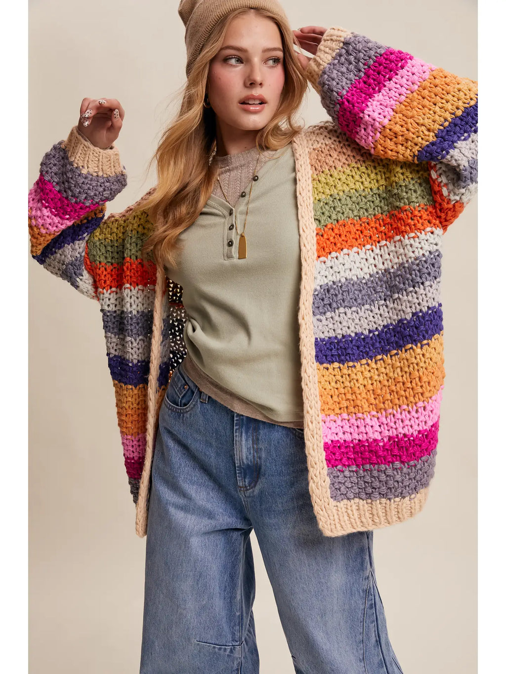 Evelyn Rainbow Crochet Open Cardigan in Cream Multi