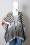 Light Multicolor Plaid Colorblock Poncho with Fringe Trim