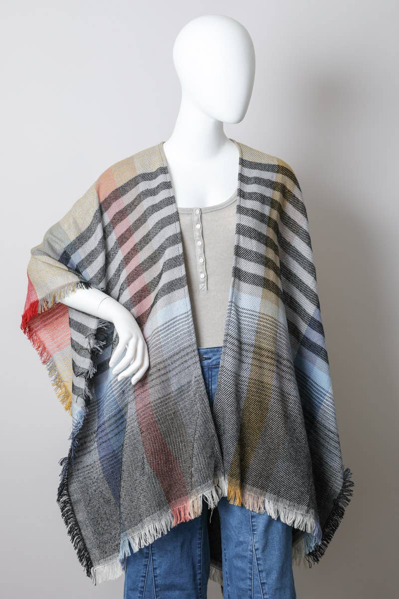 Light Multicolor Plaid Colorblock Poncho with Fringe Trim
