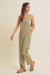 Relaxed Fit Cotton Twill Overalls With Pockets in Sage