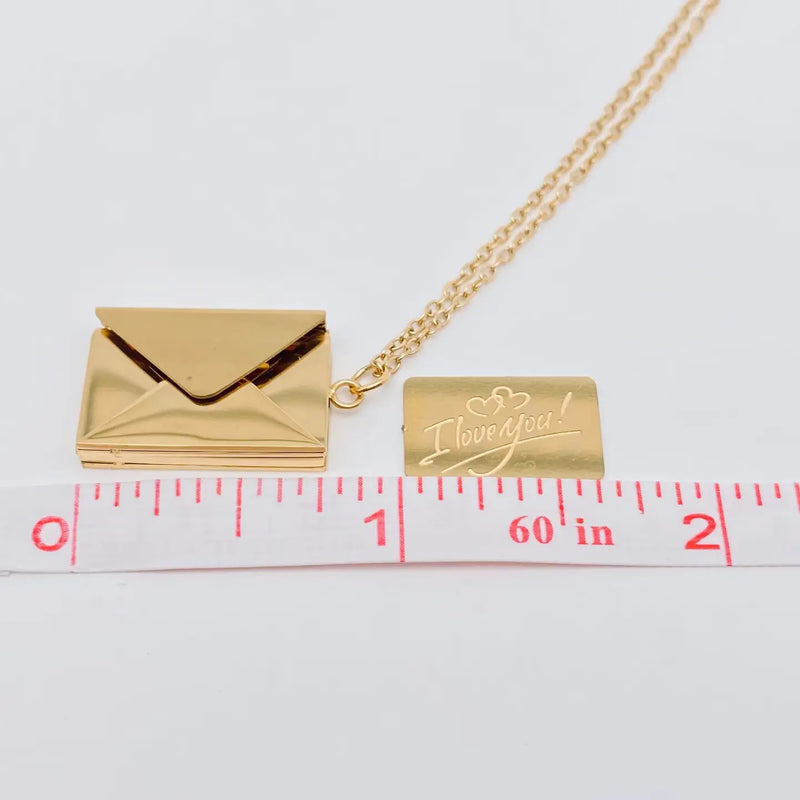 "I Love You" Stainless Steel Openable Envelope Necklace in Gold