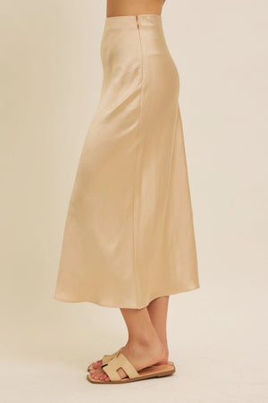 Satin Bias Cut Maxi Skirt in Birch Beige