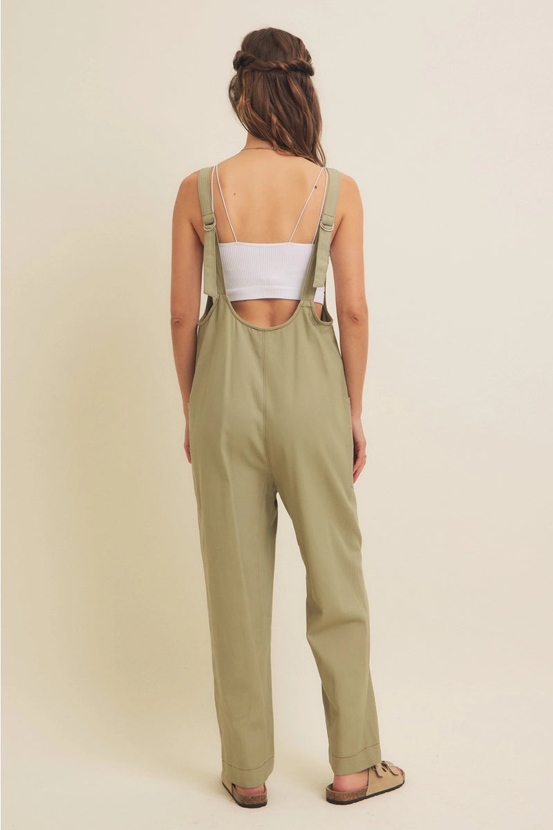 Relaxed Fit Cotton Twill Overalls With Pockets in Sage