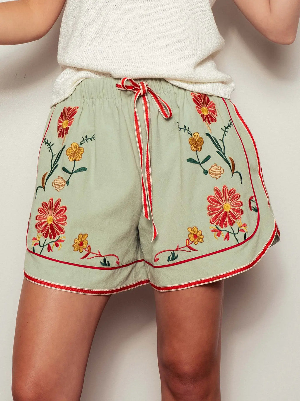 Sage Embroidered Floral Drawstring Shorts