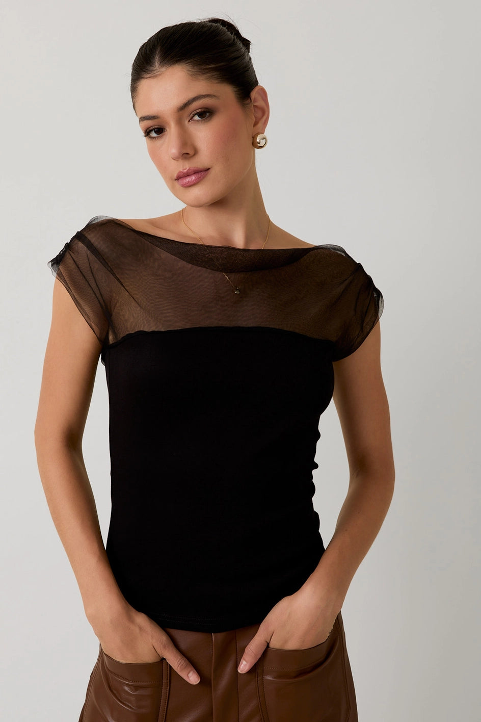 Harley Mesh & Ponti Mix Drape Top in Black