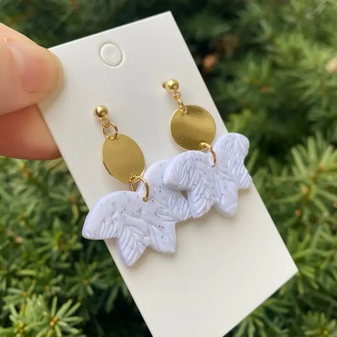 White Petal Clay and Gold Statement Earring