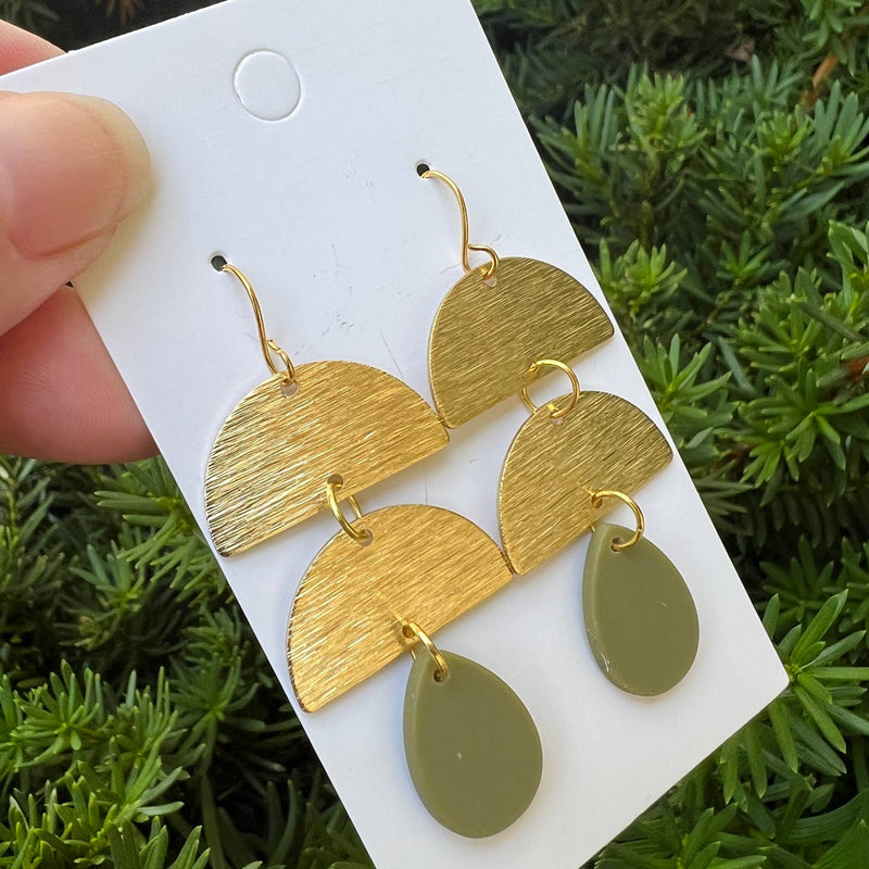 Gold Olive Green Double Luna Drop Metal Acrylic Earrings