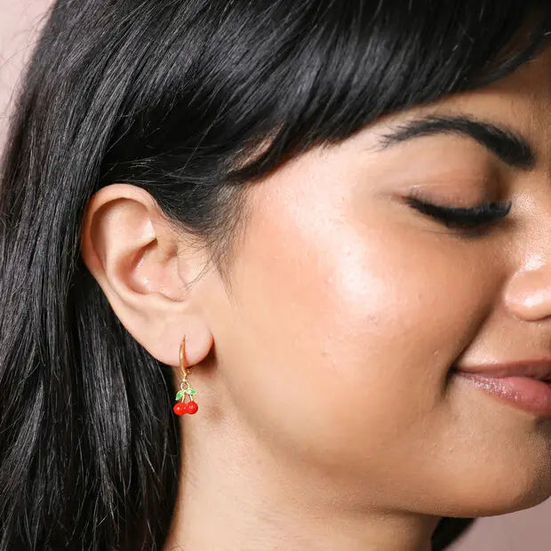 Red Cherry Enamel Charm Huggie Hoop Earrings in Gold