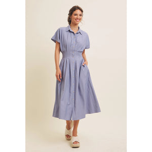 Marta Pleated Waist Button Down Flare Midi Dress In February