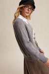 Floral Intarsia V-Neck Sweater in Heather Grey