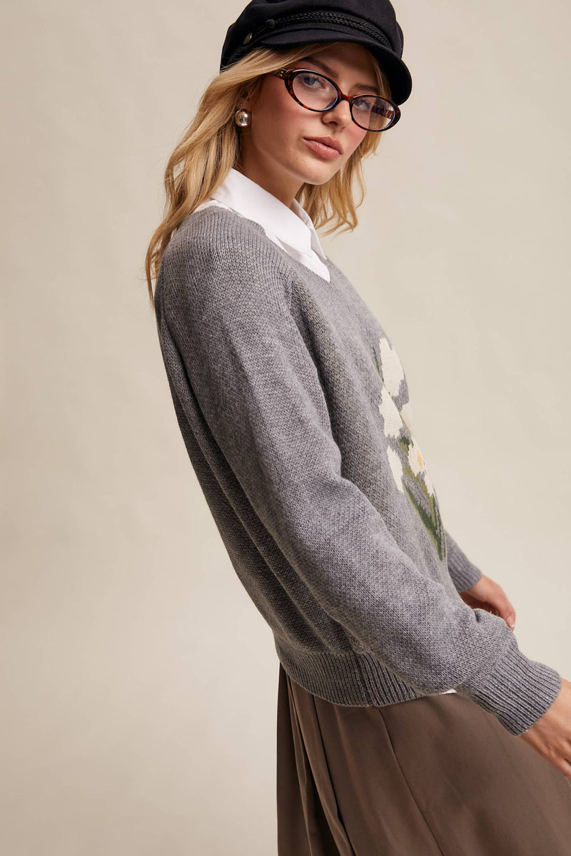 Floral Intarsia V-Neck Sweater in Heather Grey