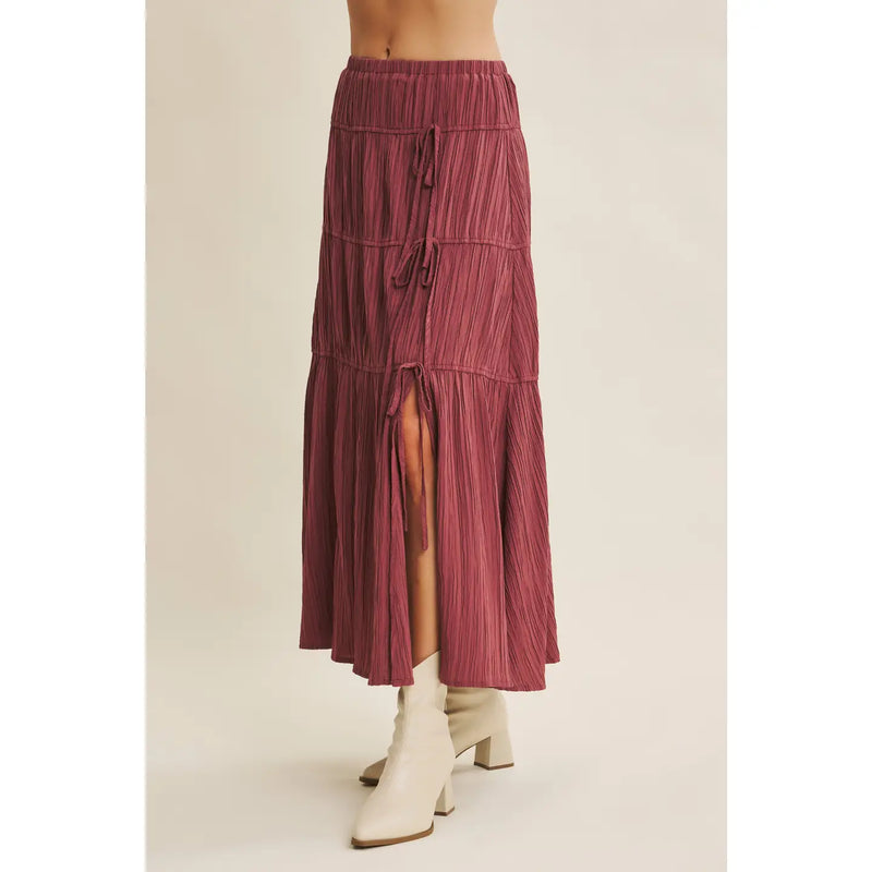 Penelope Graceful Midi Skirt With Side Slit and Bow in Raspberry Truffle