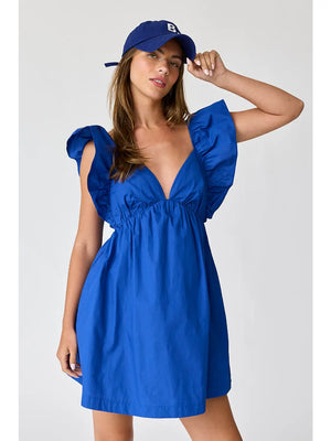 Audrey Tie-Back Ruffle Mini Dress in Cobalt Blue