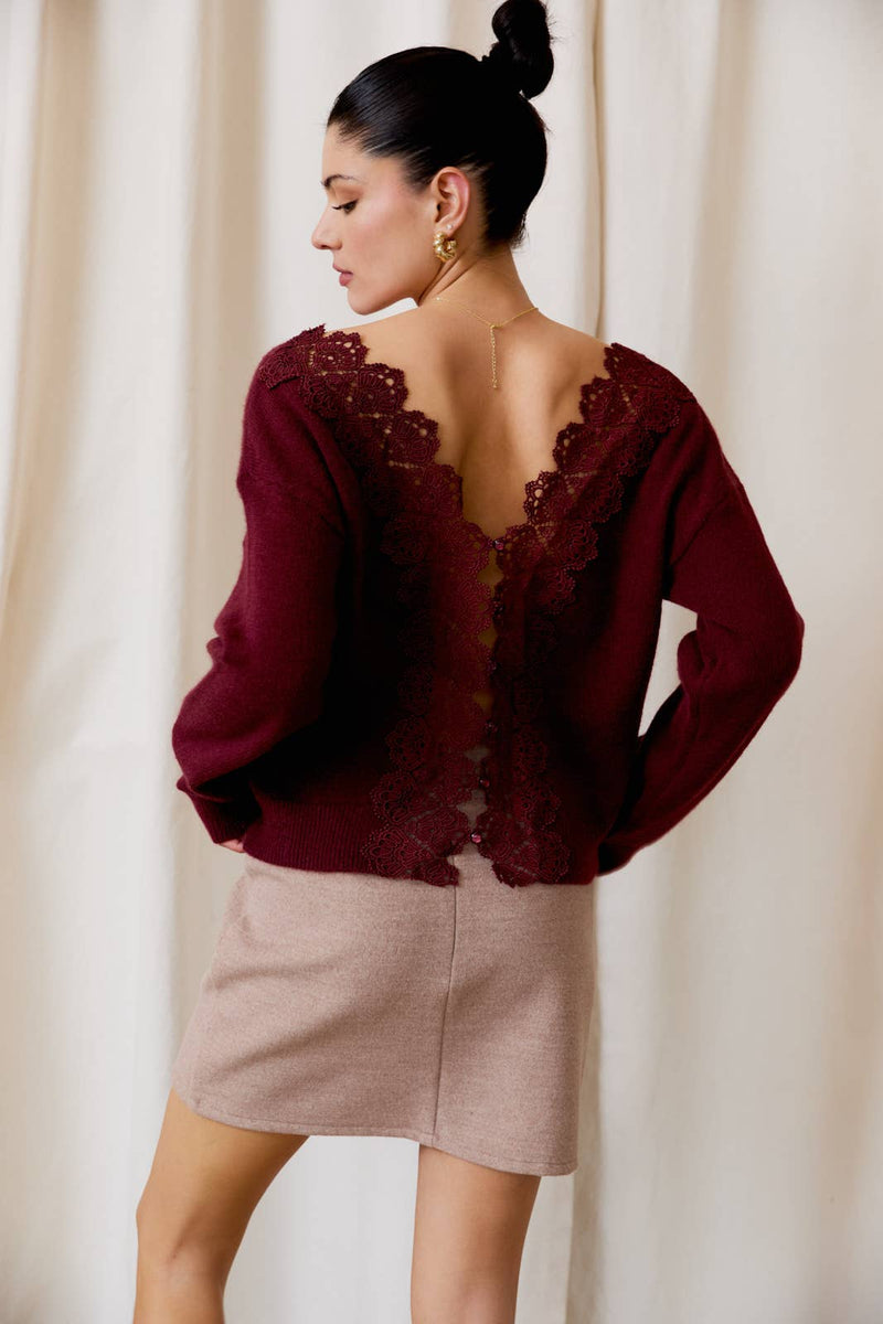Rita Back Lace Trim Long Sleeve Sweater in Wine