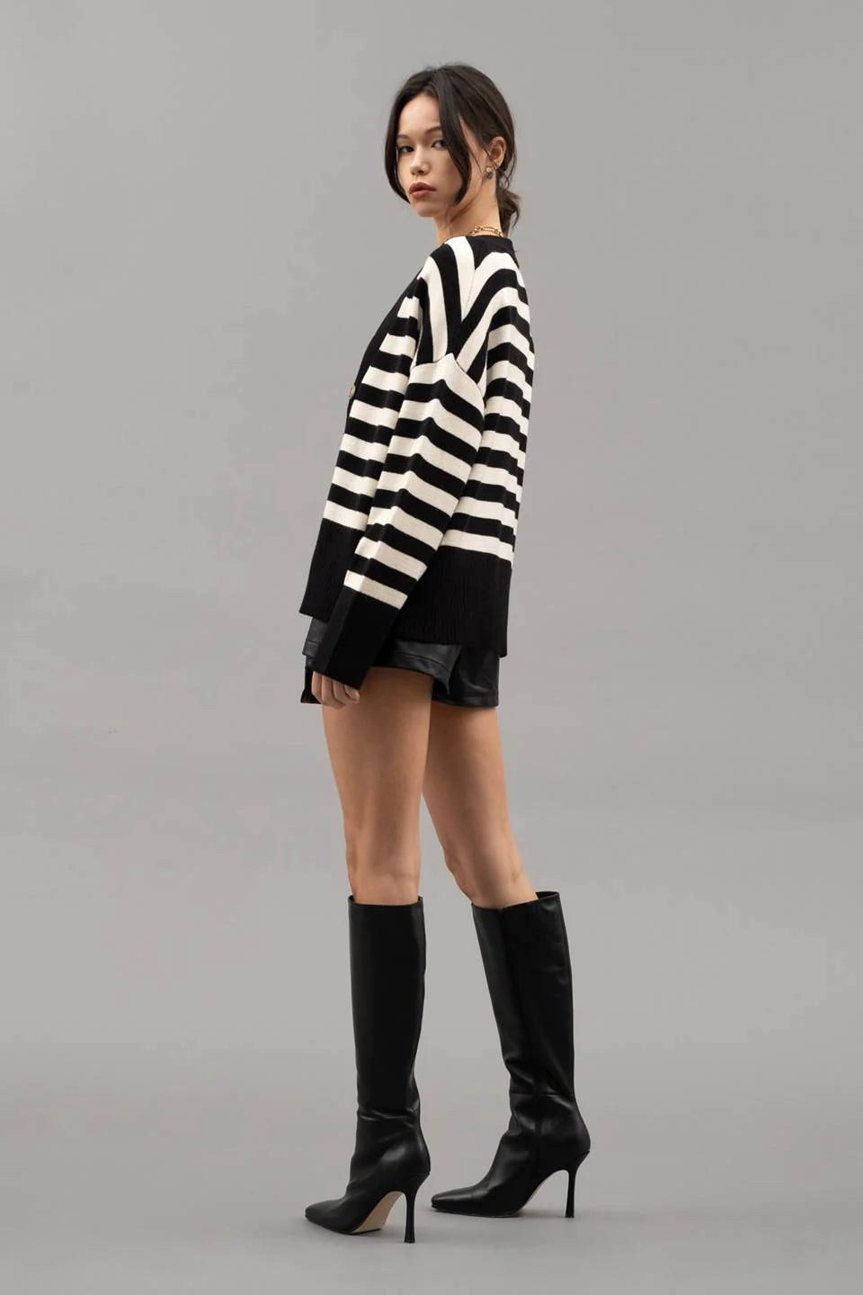 Leigha Drop Shoulder Striped Knit Sweater in Black