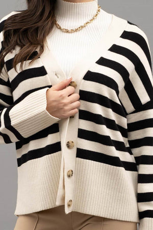 Leigha Drop Shoulder Striped Knit Sweater in Ivory