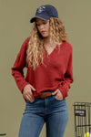 Gloria Notch V Neck Knit Top in Burgundy