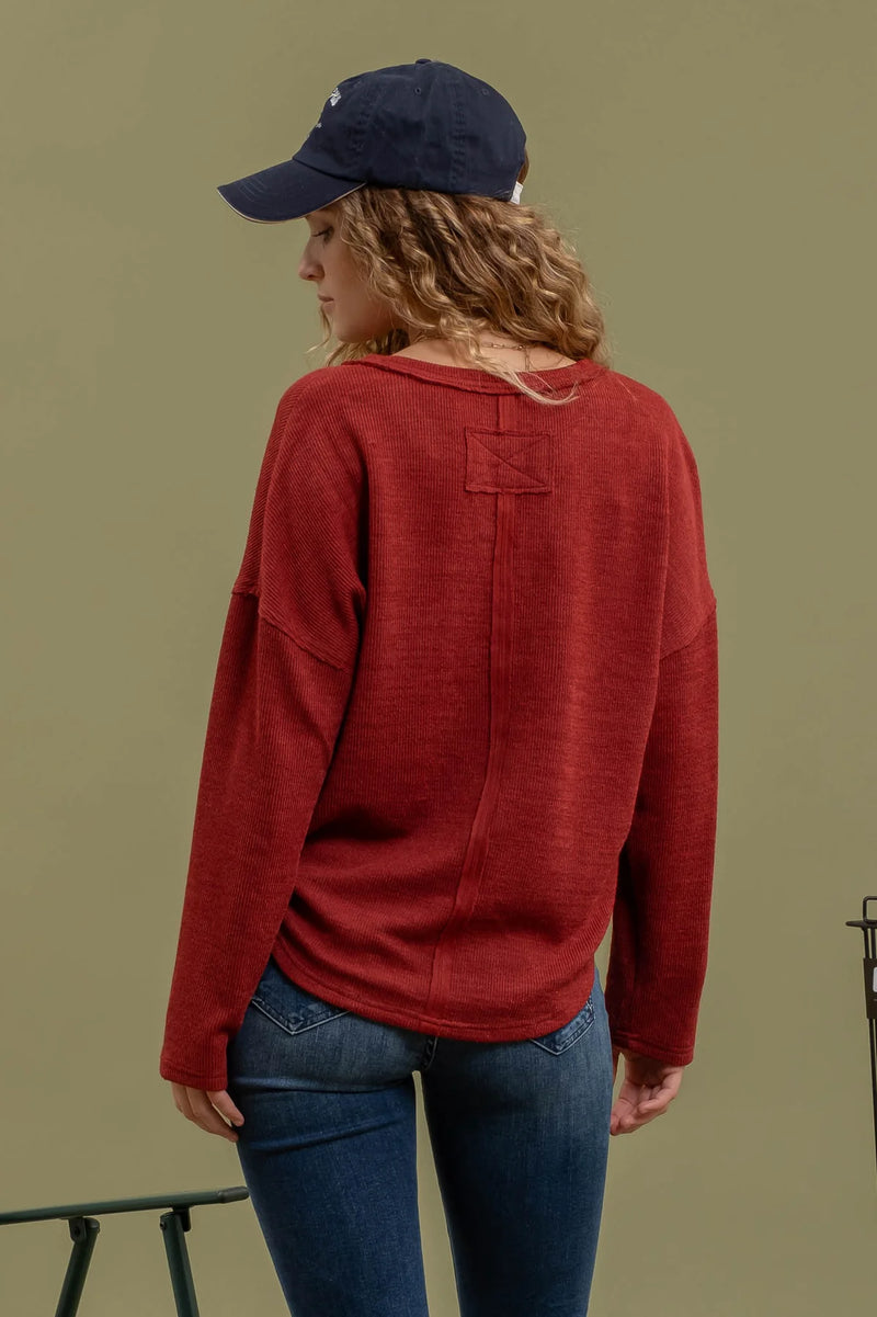 Gloria Notch V Neck Knit Top in Burgundy