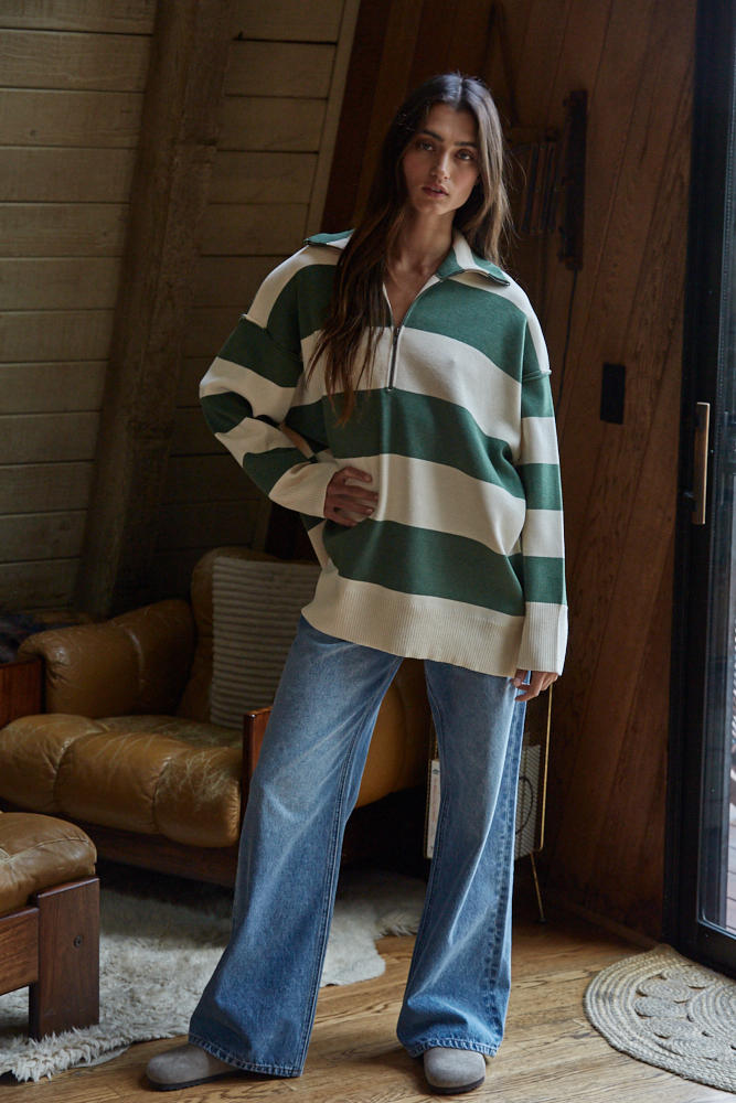 Sonia Knit Stripe Half-Zip Top in Green and Cream by By Together