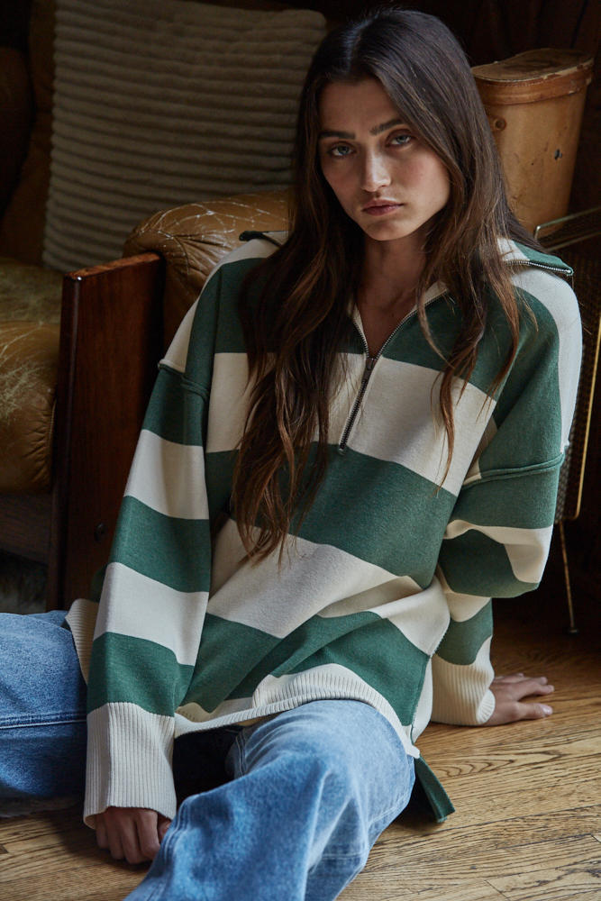 Sonia Knit Stripe Half-Zip Top in Green and Cream by By Together