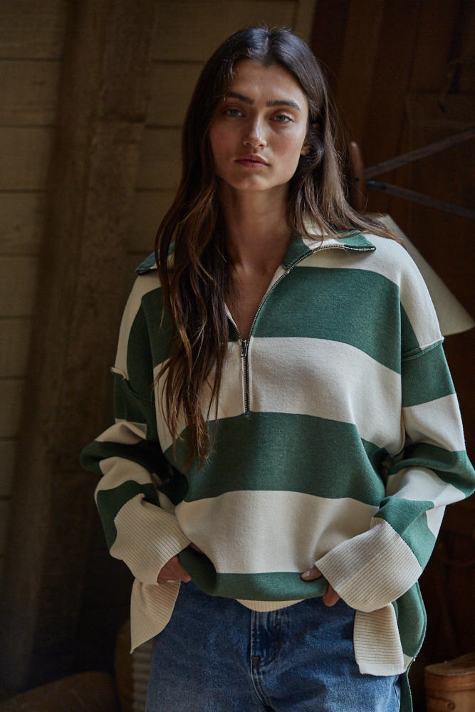 Sonia Knit Stripe Half-Zip Top in Green and Cream by By Together