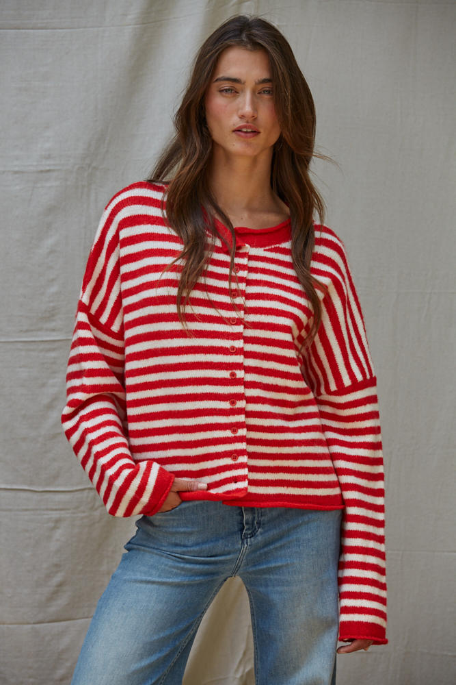 By Together Channel Knit Sweater Striped Cardigan in Red