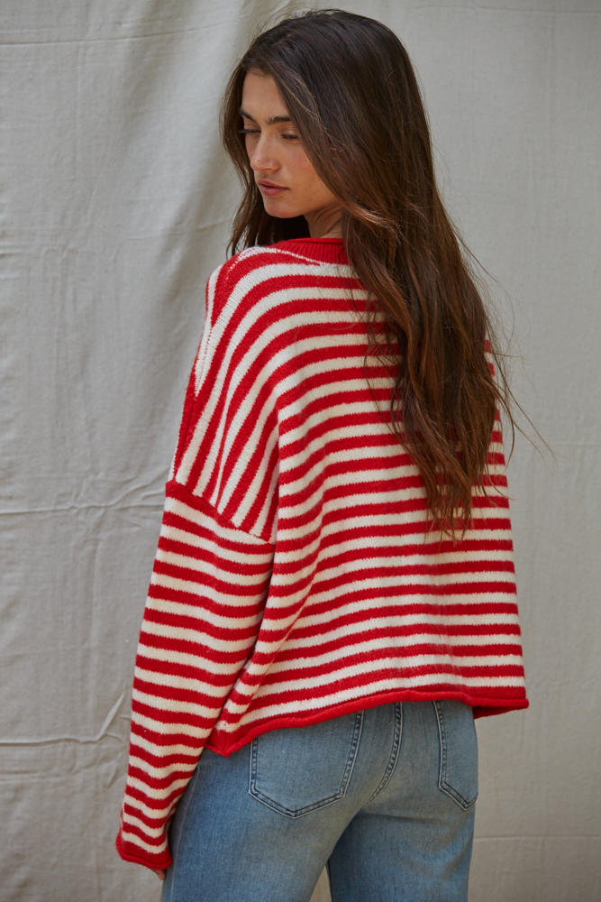 By Together Channel Knit Sweater Striped Cardigan in Red